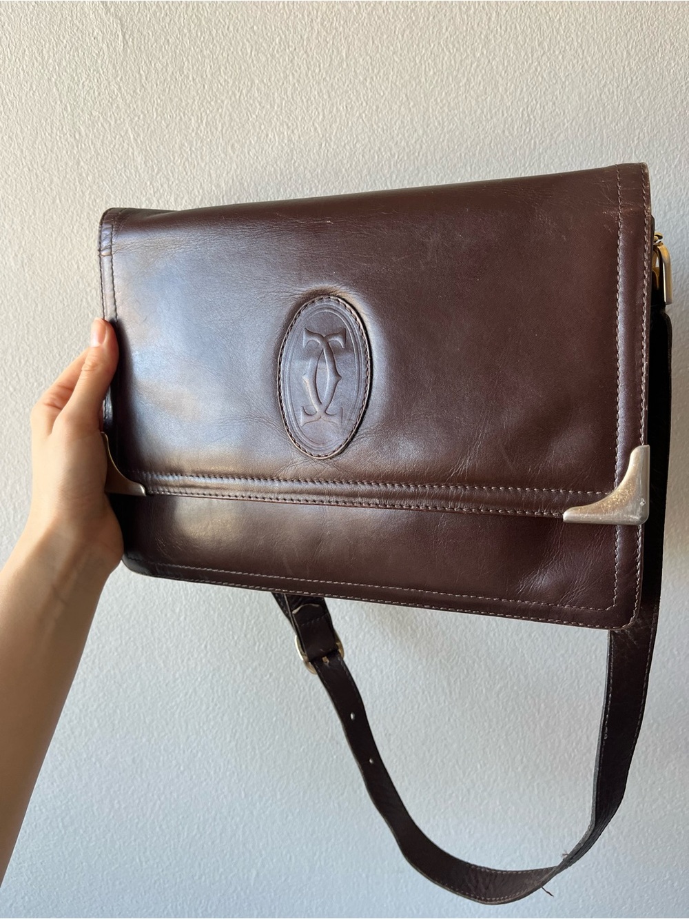 Cartier big dark burgundy leather messenger bag vintage